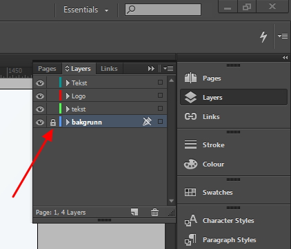 Skjermdump fra InDesign. Layers-panelet vises og en pil peker mot lås-ikonet til laget "bakgrunn"